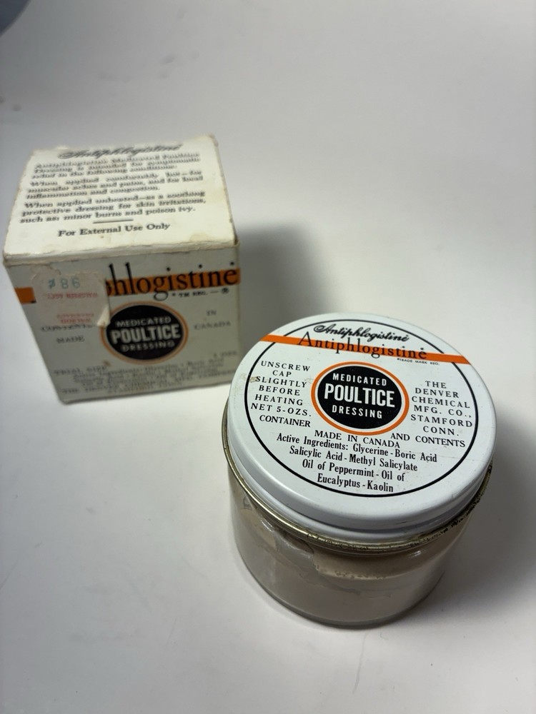 Vtg Antiphlogistine Medicated Poultice Dressing Denver Chemical Canada Glass box