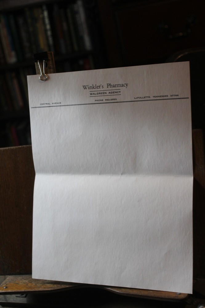 Vintage 1960’s Winkler’s Pharmacy Walgreens LaFollette Tennessee Letterhead