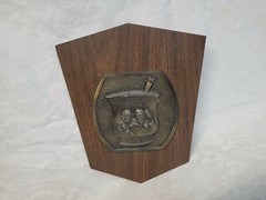 Vtg Pharmaceutical Wooden Metal plaque Secundum Artem RX Cosmas & Damian 350 A.D