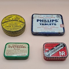 Pill tins lot 4 PHILLIPS Rheumatism gout SYNTROGEL w/pills antique vintage