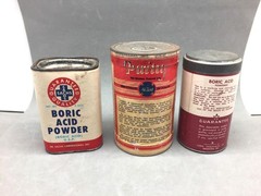Vintage Boric Acid Box Can Lot 3 EMPTY Sachs, York, Continental Drug Alton IL
