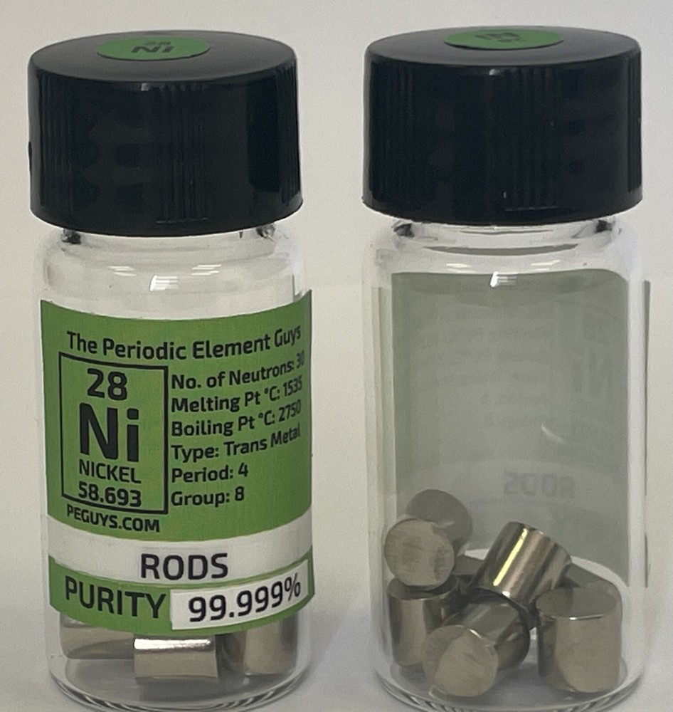 NICKEL RODS 99.999% 15 Grams / 1/2 Oz in Labeled Periodic Element Bottle