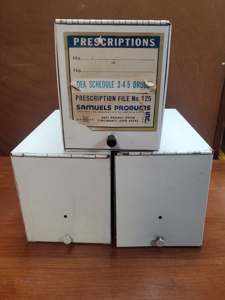 Lot Of 3 Vintage Metal White Rx Prescription Record File Pharmacy Boxes
