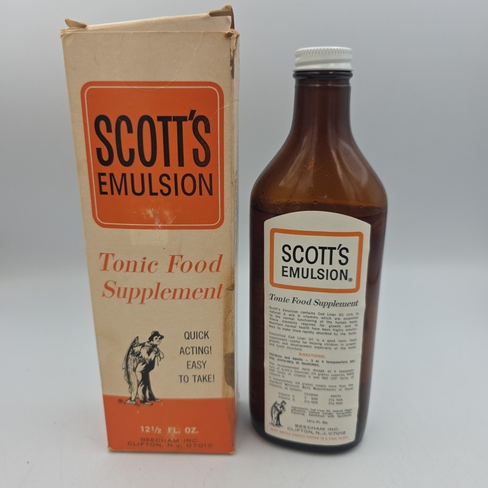 Vintage 1950’s SCOTT’S EMULSION BOTTLE w/ Contents Harold Ritchie, CLIFTON NJ
