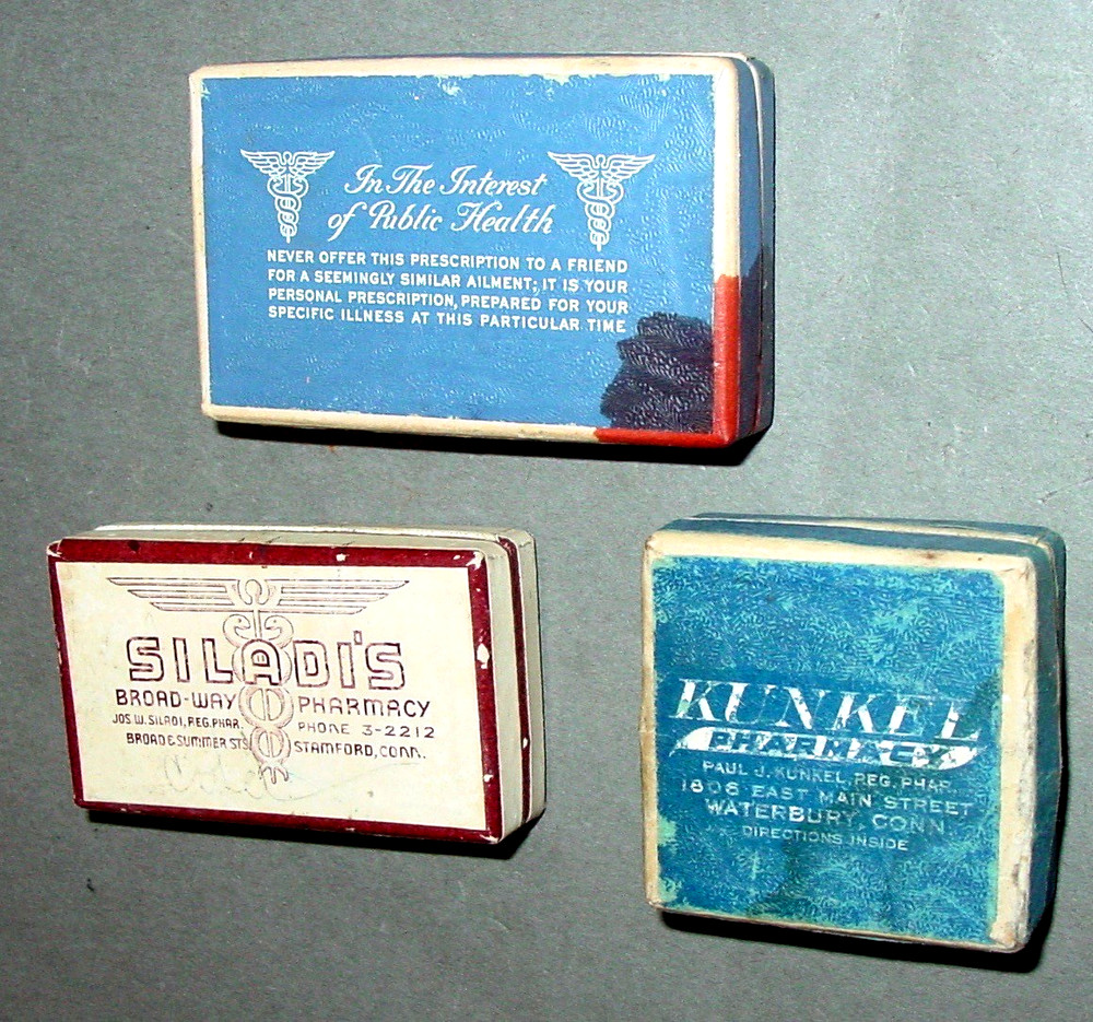 3 Vintage Cardboard Paper PHARMACY Prescription Drug Hinged Pill Box Mix Lot USA