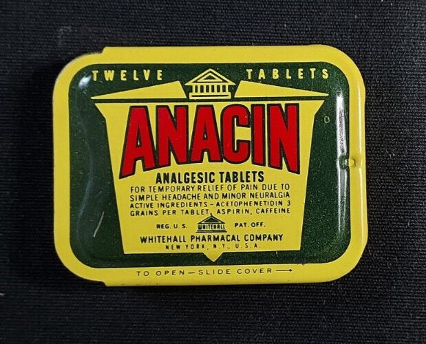 Vintage EMPTY Advertising Medicine Tin ANACIN Whitehall Pharmacal New York