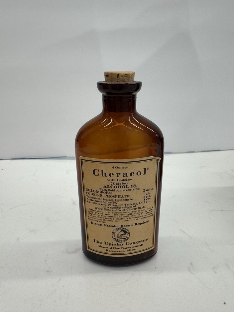 Upjohn Cheracol Codeine Bottle • Vintage Amber Apothecary Pharmacy Advertising