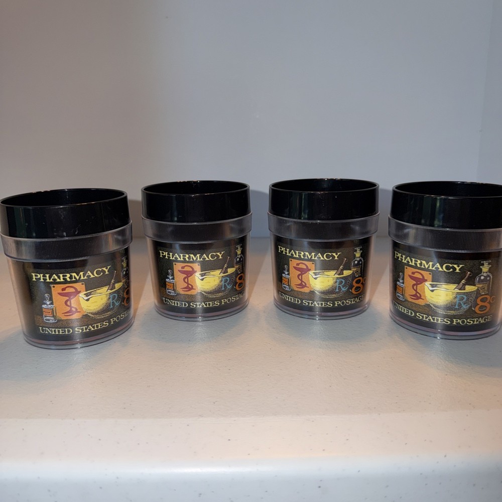 Pharmacy United States Postage Stamp Vintage 1972 Plastic Cups Set Of 4