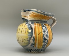 Italian Majolica Pharmacy Jug Polychrome, Mangonese & Yellow 19thC Delft Faience