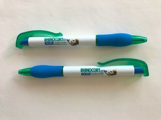 2 Green, White & Blue Rhinocort Aqua Jagger Pens with clip & Grip – New