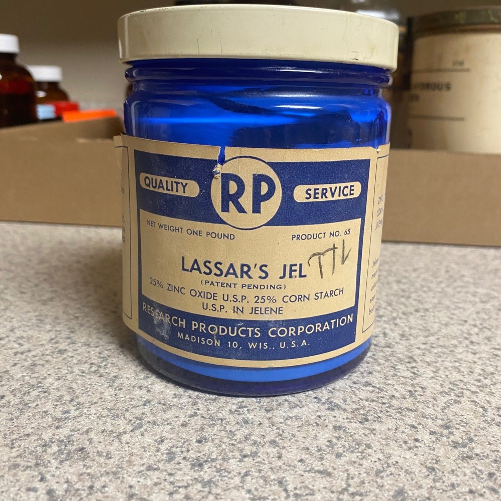 VTG Lassars Jel Cobalt Blue Glass Apothecary Jar Research Products Corp 1lb