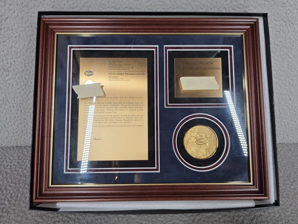 Pfizer Drug Company Framed Plaque Award Corporate Pharmaceutical Collectible
