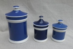 Collection of Small Blue Slip-Decorated Ceramic Apothecary Jars with Lids