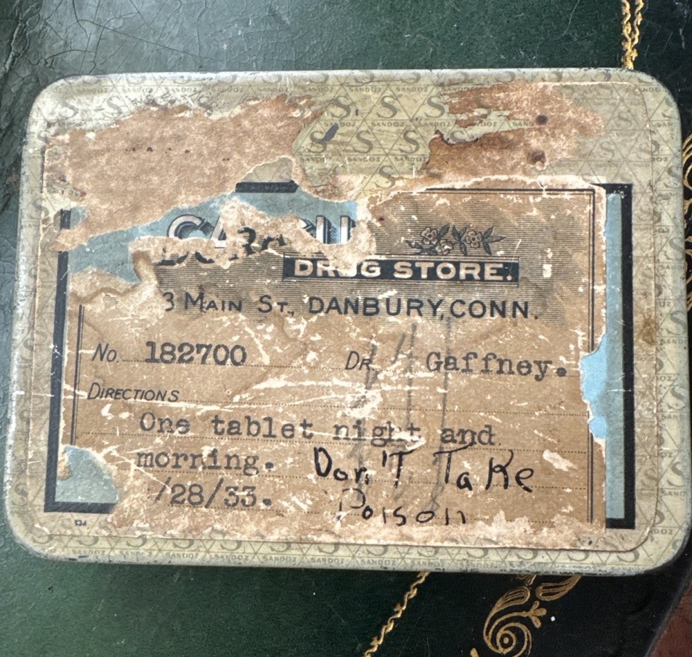 Antique 1933 Drug Store Danbury, CT Handwritten Don’t Take Poison Label Box