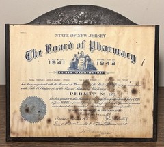 Antique 1941-42 New Jersey Registered Pharmacy Permit in Tin Metal Display Frame