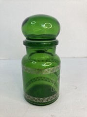 Vintage Green Glass Apothecary Jar Bottle Bubble Lid Belgium 5.5″ Vio-Bec GOLD