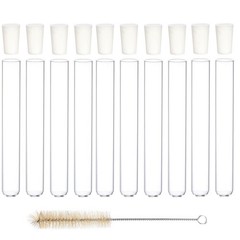 Glass Test Tubes with Rubber Stoppers 150mm x 20mm Pack of 10 and 1pcs Brush 