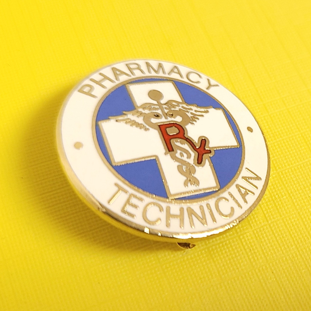 Vtg. PHARMACY TECHNICIAN Caduceus Rx Cross Round Enamel Lapel Pin