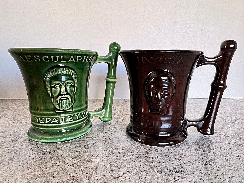 VTG – Pair Apothecary Ceramic Mortar & Pestle Mugs – AESCULPIUS & HYGEIA – McCoy