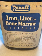 c1950s Rexall Iron, Liver and Bone Marrow Compound Rexall Drug Company Bottle