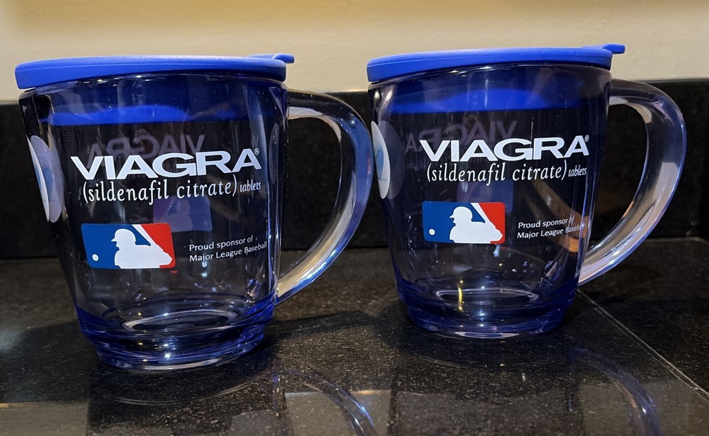 Viagra Pharmaceutical Promo Gift Insulated Travel Coffee Mug MLB ~ SET OF 2