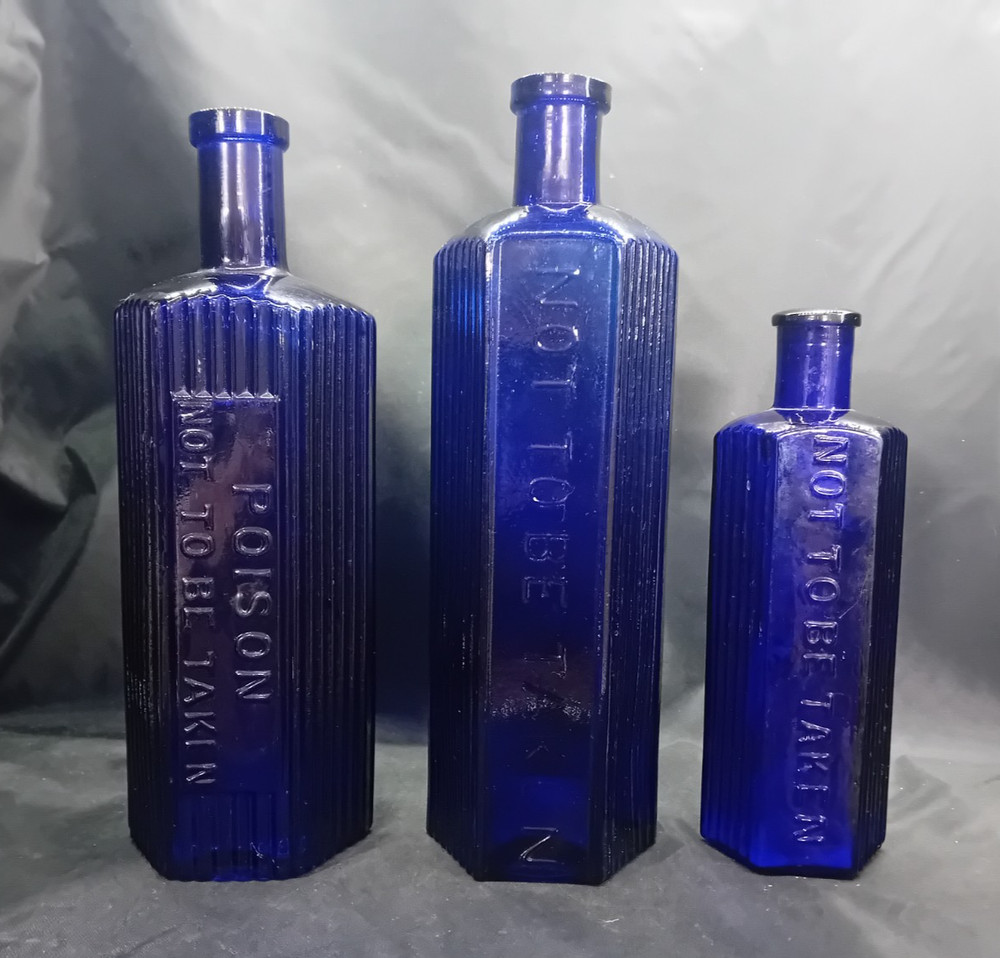 3 Antique Vintage Cobalt Blue Glass Poison Chemist Pharmacy Bottles 2 x 20oz