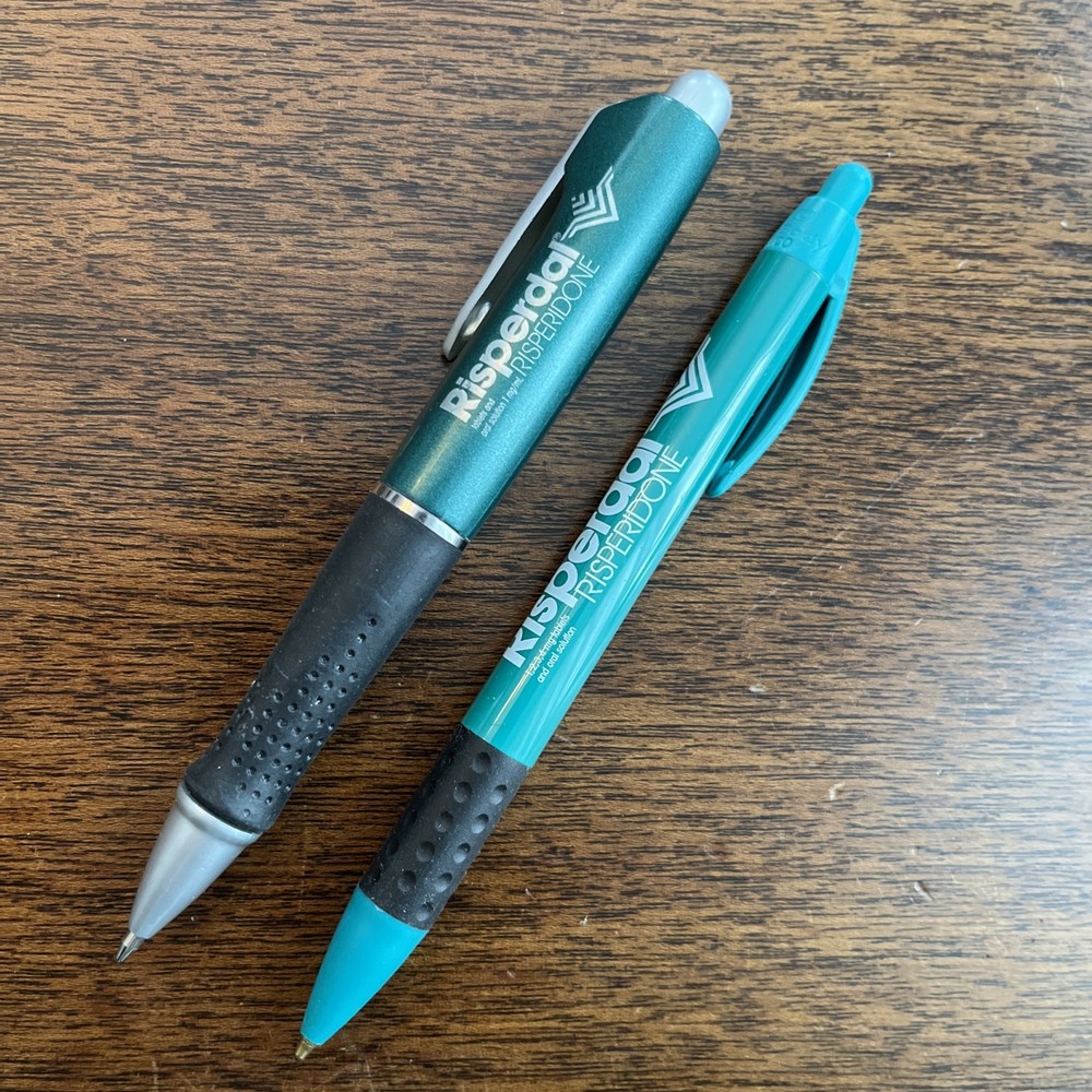 Lot of 2 Risperdal Medical Drug Rep Pharmaceutical Pens Working Teal Silver Bic