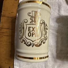 Vintage Pharmacy EXT OPii Canister Jar w/ Lid-Cream & Gold Trim-Owens Glass Pair