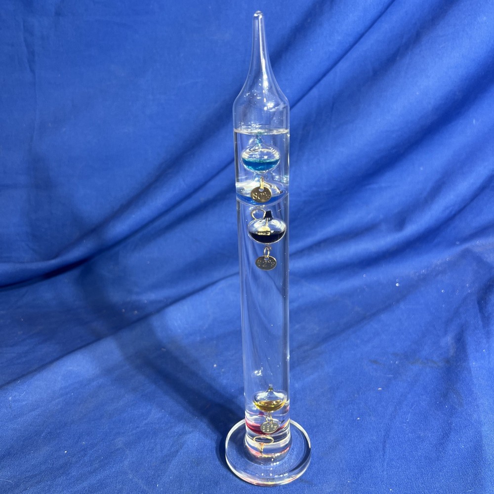 Galileo Thermometer 12” Tall Glass Tube W/ Floating Spheres Shows 72 Degrees Now