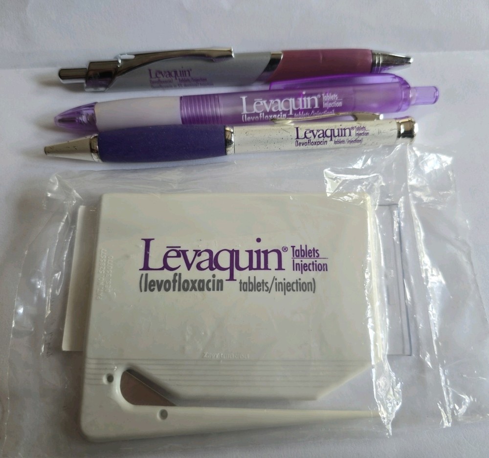 LEVAQUIN Metal Pens + Letter Opener Vintage Pharmaceutical Drug Rep Promo WRITES