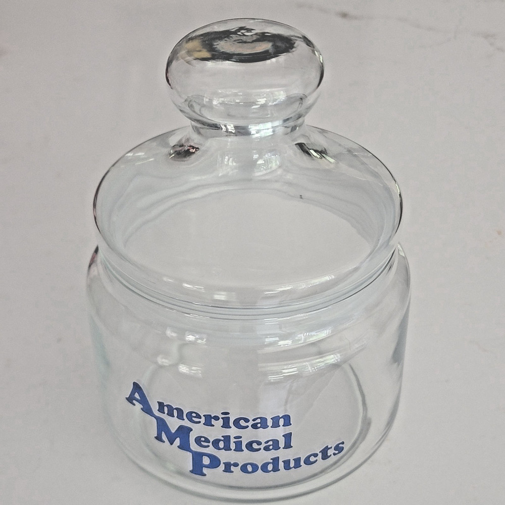 American Medical Products Promo Clear Glass Jar Blue Writing 6″ VTG Retro
