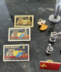 Vtg Pharmacy Pin Lot 1980 Pewter Figurine 1972 Stamp Pins Apothecary Rx Badge