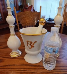 Vintage Owens Illinois Mortar and Pestle Finail Set Rx White and Gold Pharmacy