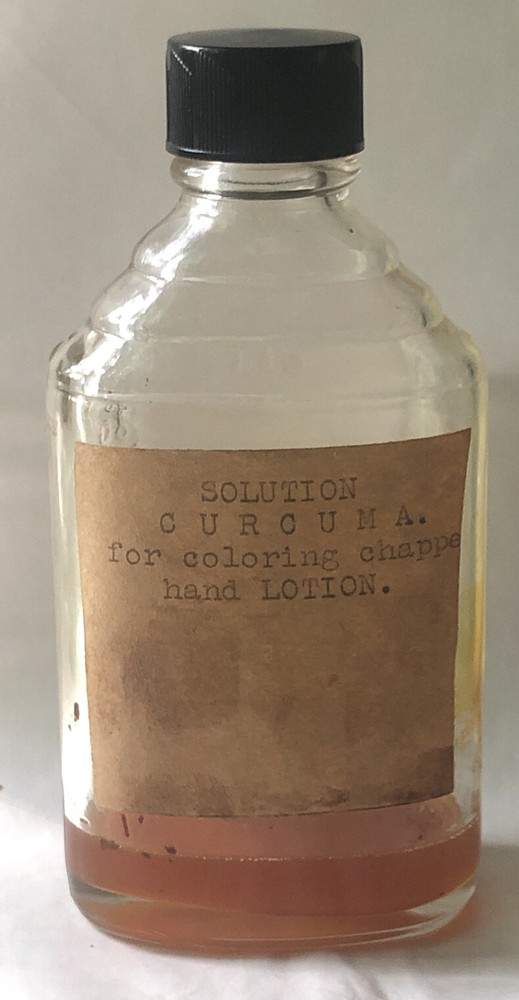 Vintage CLEAR GLASS Apothecary RX Medical Pharmacy Jar Bottle Curcuma Solution