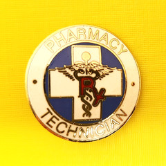 Vtg. PHARMACY TECHNICIAN Caduceus Rx Cross Round Enamel Lapel Pin