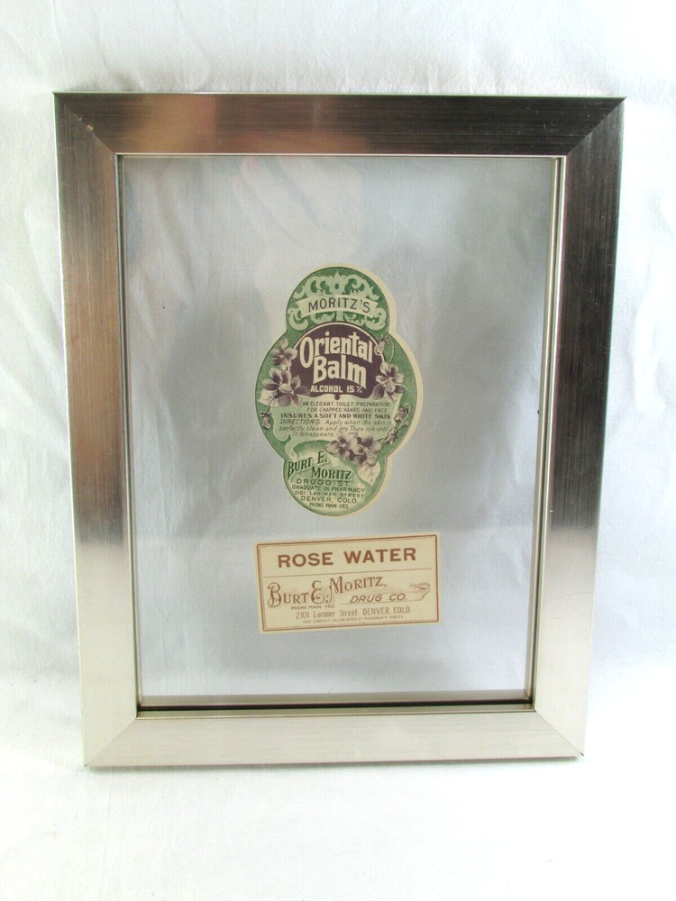Vintage Burt E. Moritz Druggist -Oriental Balm, Rose Water Bottle Labels & Frame