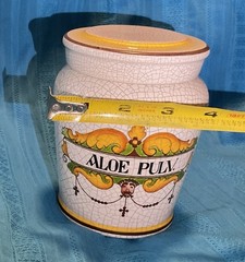 Aloe Pulv. Vintage Apothecary Jar Italian Latin Lid Crackled Rare Vanity Storage