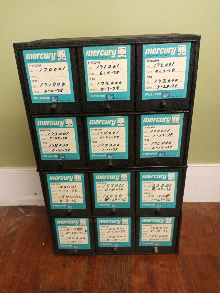 Vintage 1950s – stacking 12 compartment Pharmacy File Pill Cabinet industrial