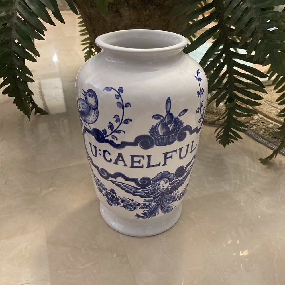 Vintage LILLY Drug Blue White Ceramic Pharmacy Apothecary Jar Vase U:CAELFUL:FO