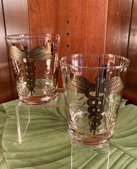 2~ RX Pharmacy Apothecary Double Old Fashion Glasses Gold & Black Set of 2*VGC