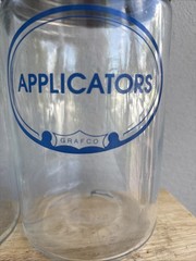 2 Grafco Glass Blue Letter Apothecary Jars Stainless Lid Vtg Applicators Bandage