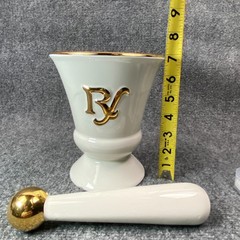 Owens Illinois RX Porcelain Pharmacy Mortar Pestle White Gold Apothecary Vtg