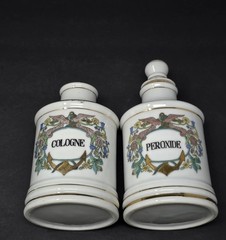 Vintage Porcelain Apothecary Medicine Jar Set Salts Cologne Gauze Perioxide