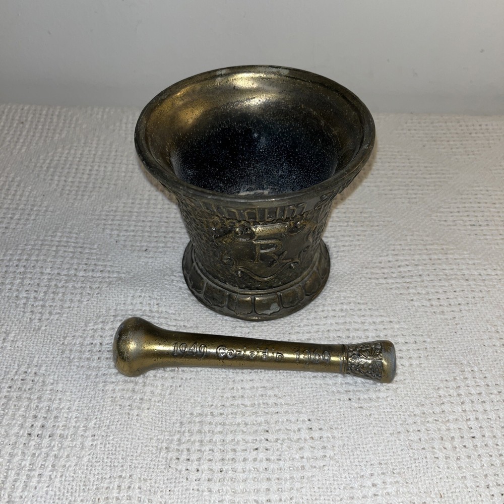 Vintage Apothecary￼￼ Coricidin Mortar & Pestle Brass Rx Secundum Artem Pharmacy