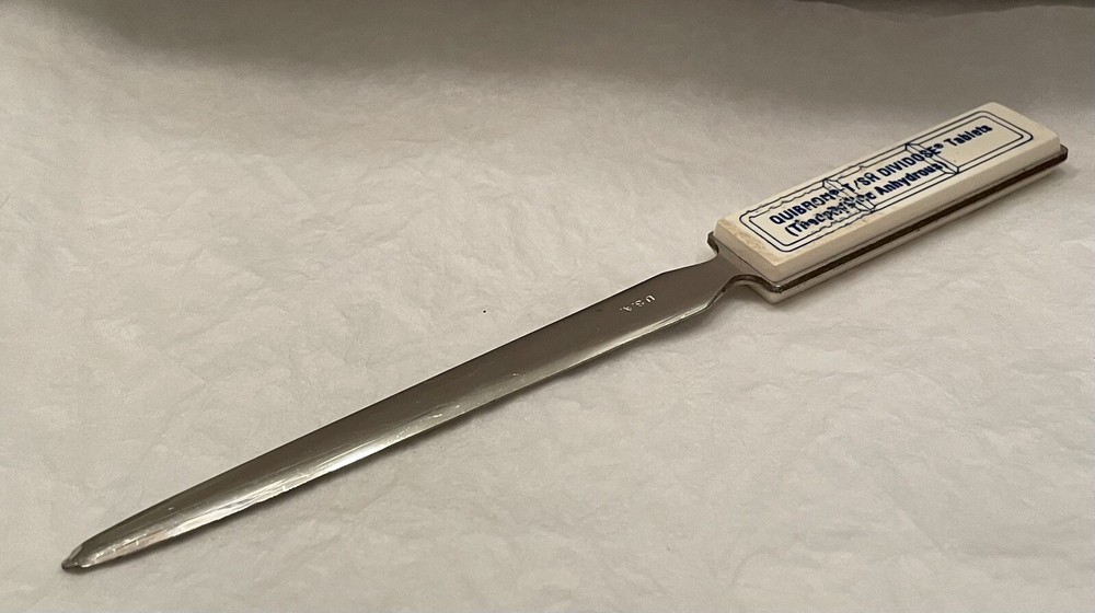 VTG 1980’s MEAD JOHNSON QUIBRON-T SR 7″ METAL LETTER OPENER PHARMA REP LOGO