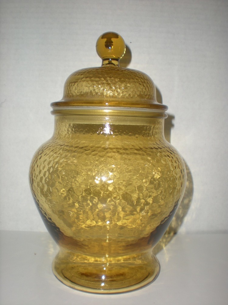 Vintage Apothecary Jar Amber Yellow Urn Ginger Glass Canister 9″