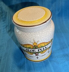 Aloe Pulv. Vintage Apothecary Jar Italian Latin Lid Crackled Rare Vanity Storage