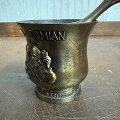 Vtg CORICIDIN Advertising Motor & Pestle Apothecary / Pharmacy – Cosmas & Damian