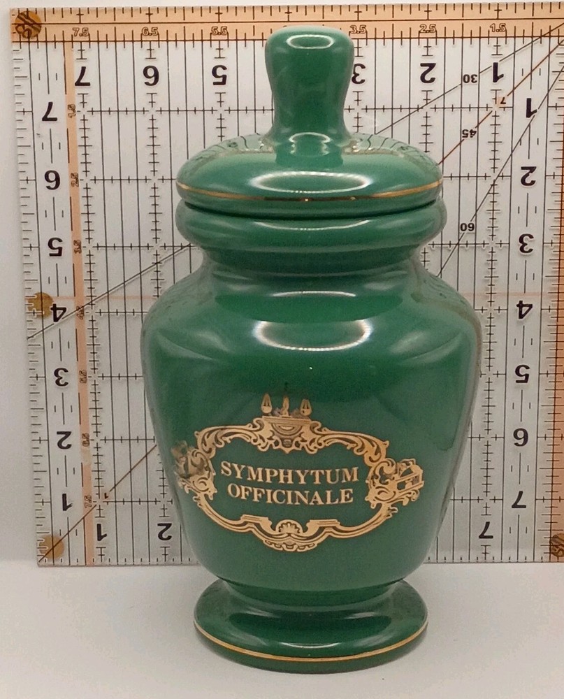 VTG Eli Lilly Ceramic Green Gold Trim Apothecary Jar-Symphytum Officinale #5-179