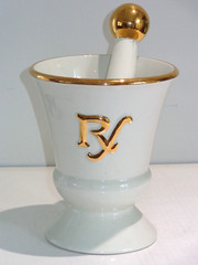 Vintage Pharmacy Display Ivory & Gold Trimmed RX Mortar & Pestle